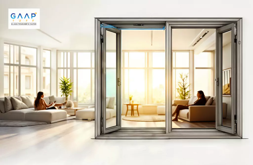 An Interior Room with Large Glass Doors and Sunlight