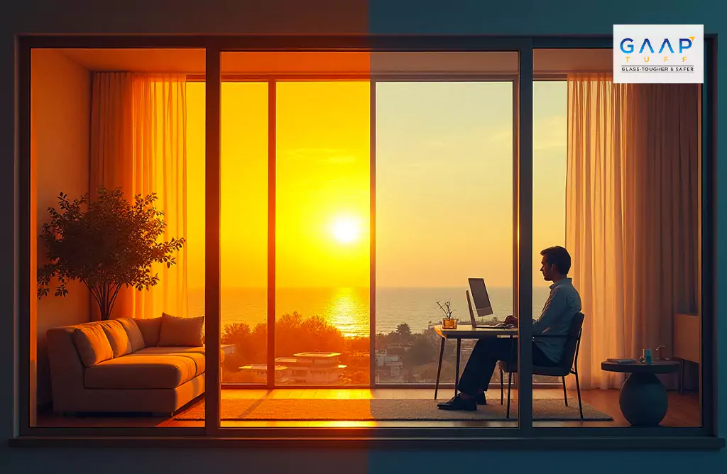A Person Working at Sunset Over a Cityscape Window