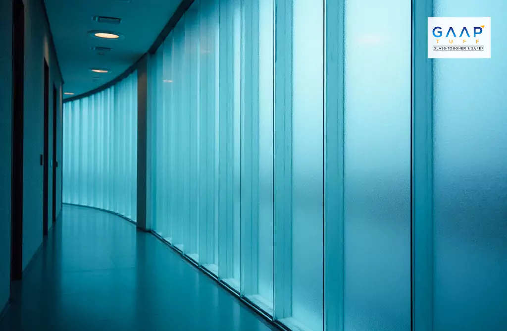 Blue High-Performance Glass Wall in the Corridor