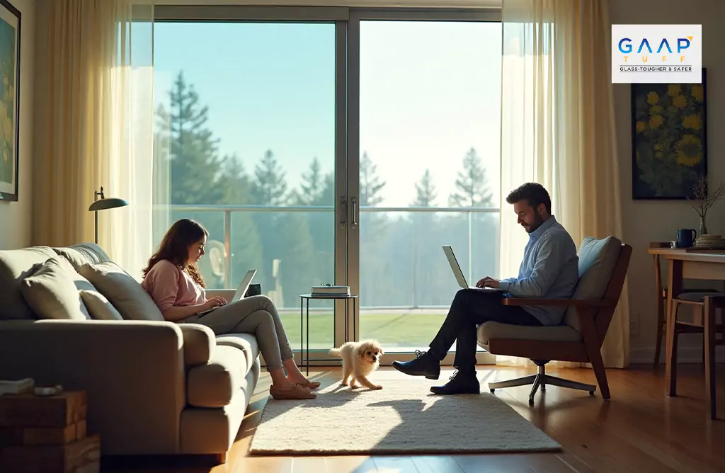 Family Working near Large Glass Windows Indoors