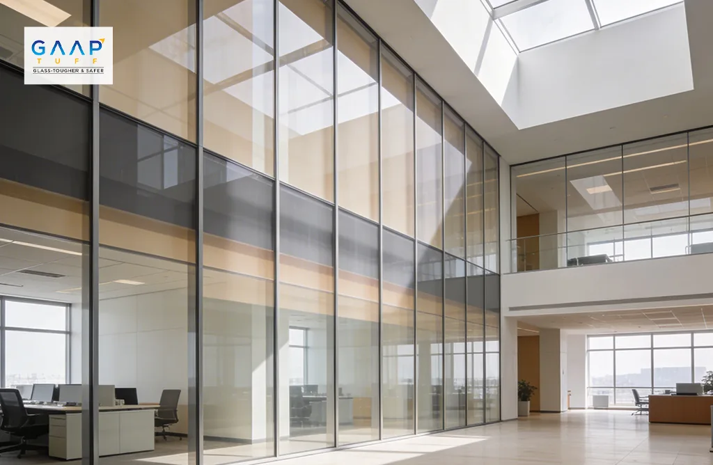 Corporate workspace with GAAP TUFF Glass Partitions and Skylight Design
