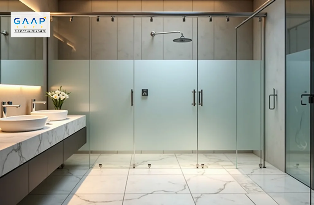 Luxury Glass Shower Cubicles in a Modern Commercial Washroom