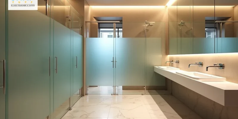 Modern Frosted Glass Bathroom Cubicles with Sinks and Elegant Lighting
