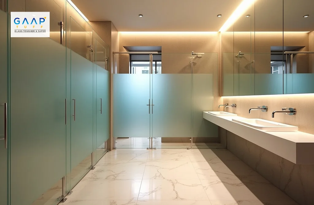Modern Frosted Glass Bathroom Cubicles with Sinks and Elegant Lighting