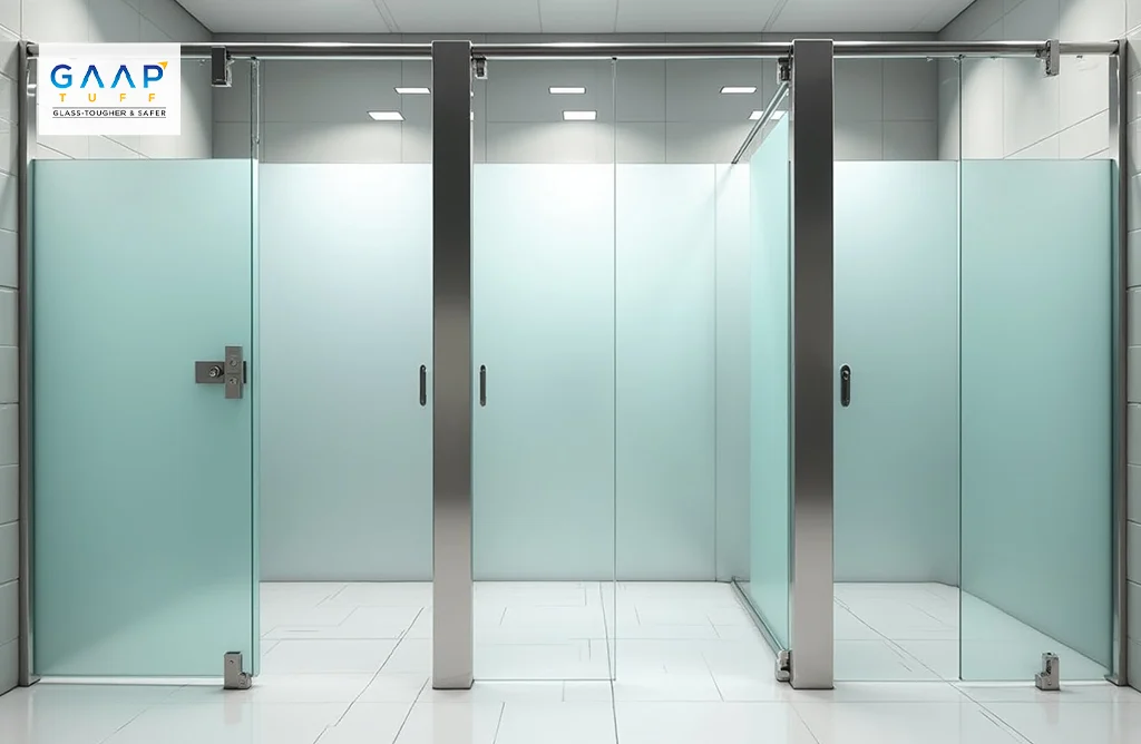Tempered Glass Bathroom Cubicle Partitions in a Modern Washroom