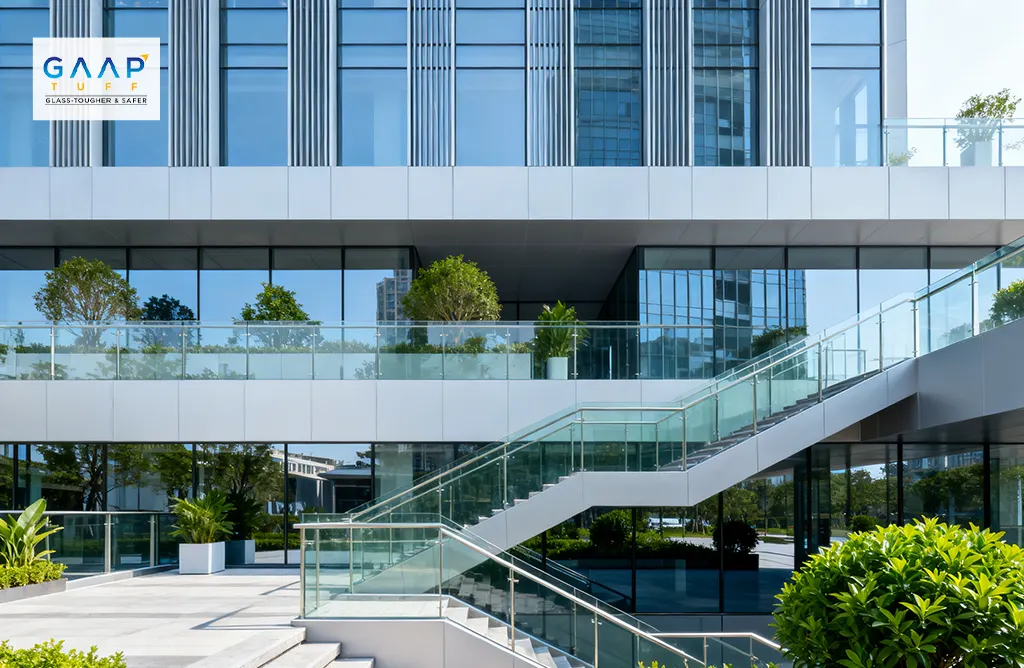 Commercial Building Exterior With Sleek Glass Railings And Staircase Design