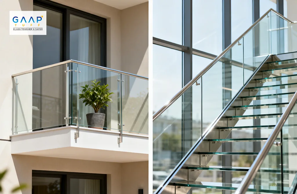 Modern Glass Balcony Railing With Stainless Steel Supports in Residential Building