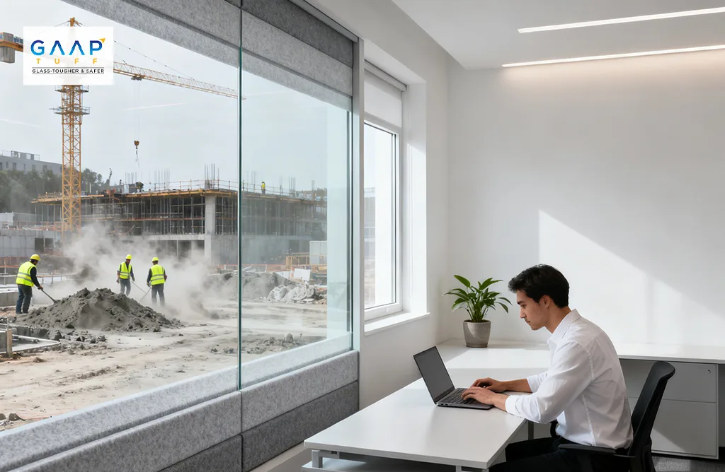 Office Interior With Clear Glass Window Overlooking Active Construction Site