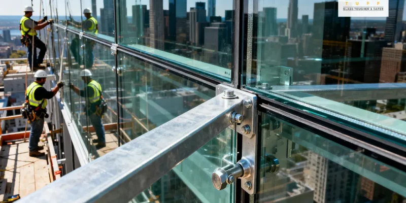 Workers Installing Toughened Glass Panels on a Skyscraper Safely