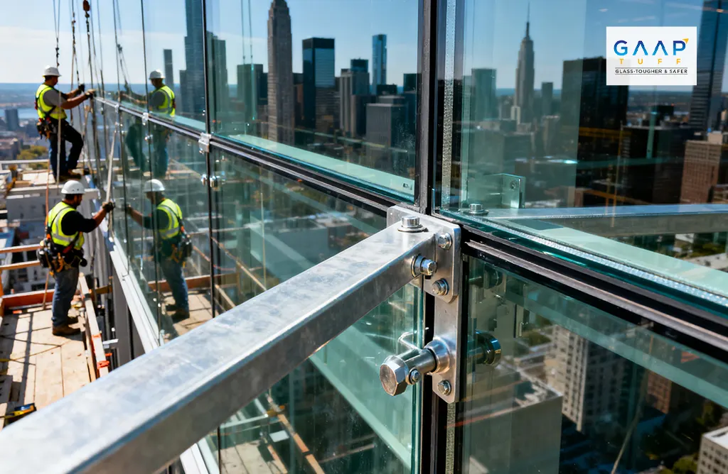 Workers Installing Toughened Glass Panels on a Skyscraper Safely