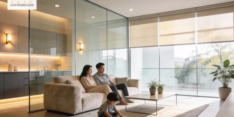 Elegant Living Room with Glass Partitions and Modern Family Space
