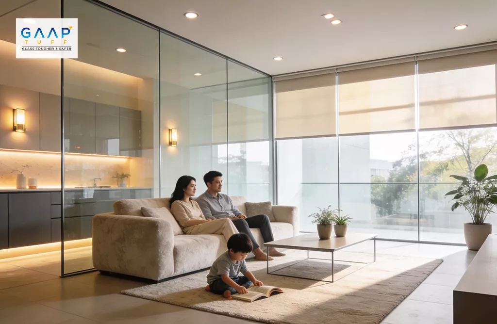 Elegant Living Room with Glass Partitions and Modern Family Space
