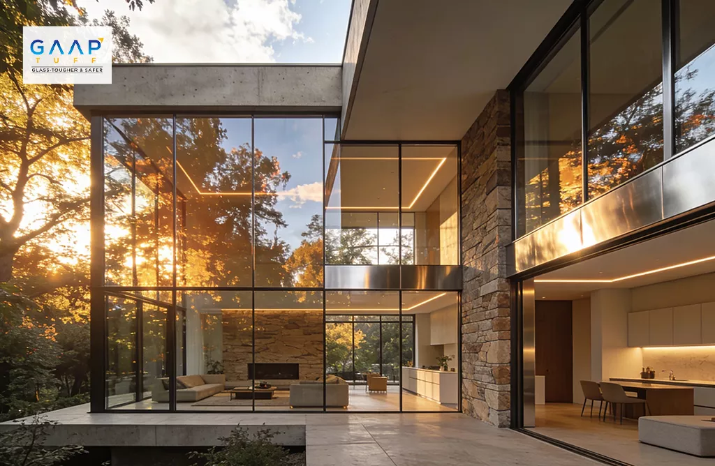 Contemporary Glass House Exterior with Floor-to-Ceiling Windows at Sunset