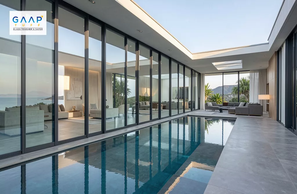 Luxury Home with Large Glass Sliding Doors and Indoor Pool Area