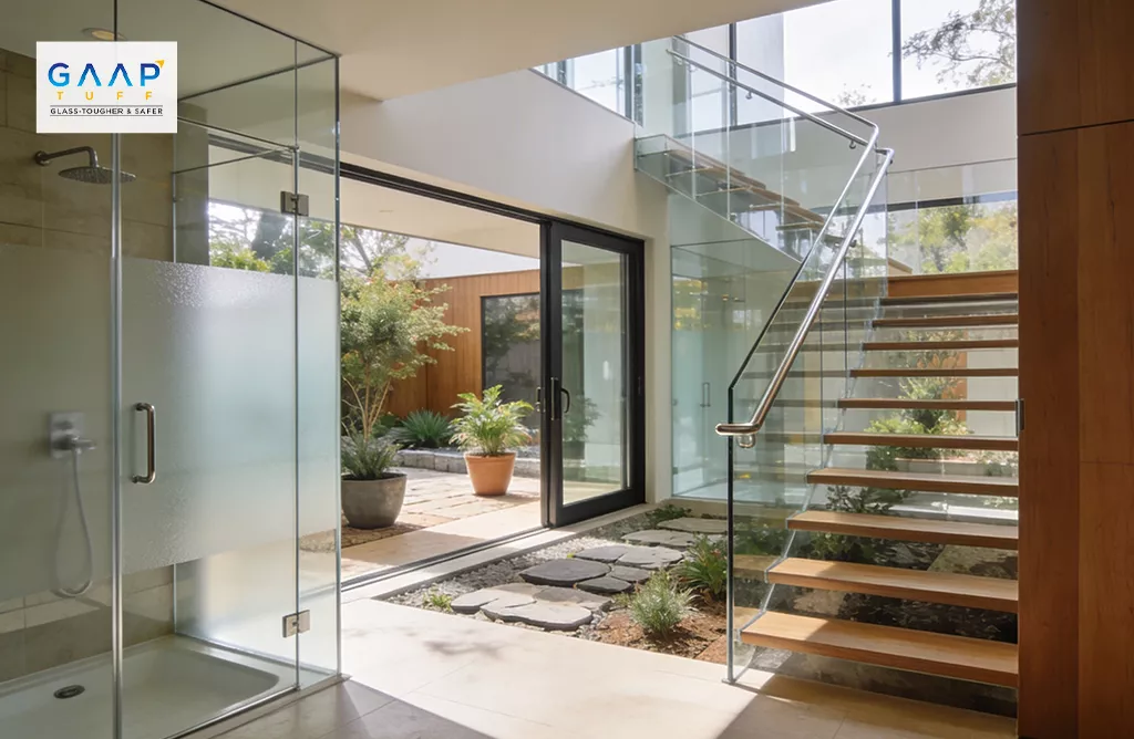 Modern Glass Shower Enclosure with Stylish Interior Design and Staircase
