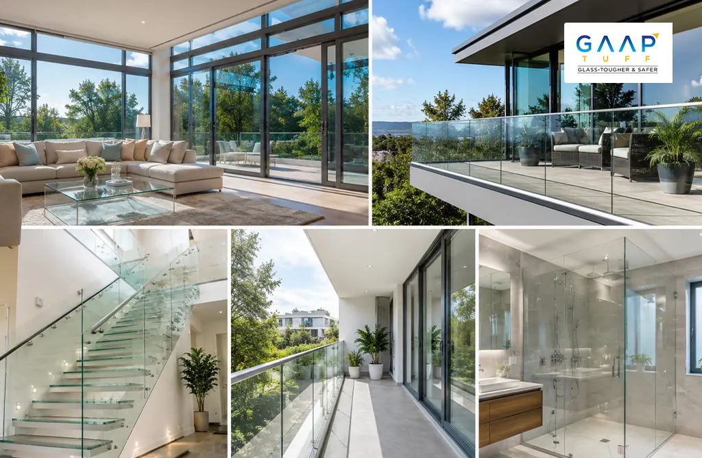 Collage Showcasing Modern High-Performance Residential Glass Applications Including Sliding Doors, Balconies, Stair Railings, and Shower Cubicles in Luxury Homes