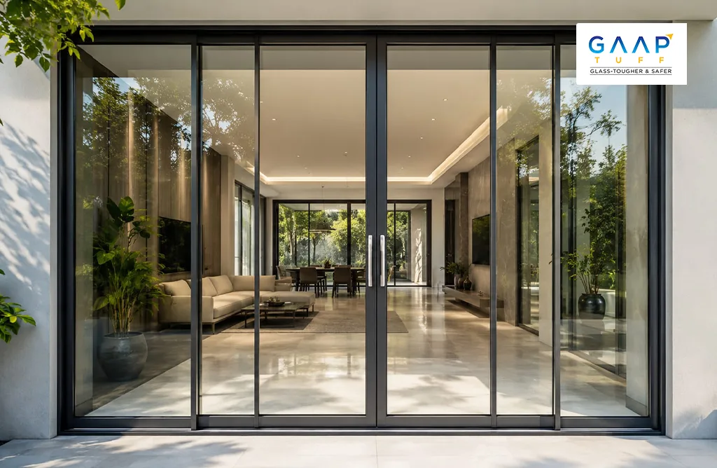Modern Home Interior with Large Sliding Glass Doors and Premium Processed Glass Partitions Opening to a Balcony View