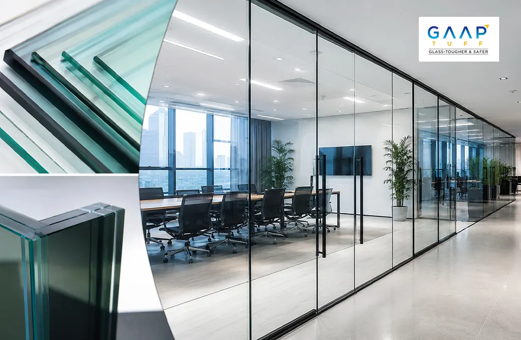 Modern Office Glass Partitions Made with Processed Toughened Glass by Gaap Tuff, a Leading Glass Production Company in Vizag