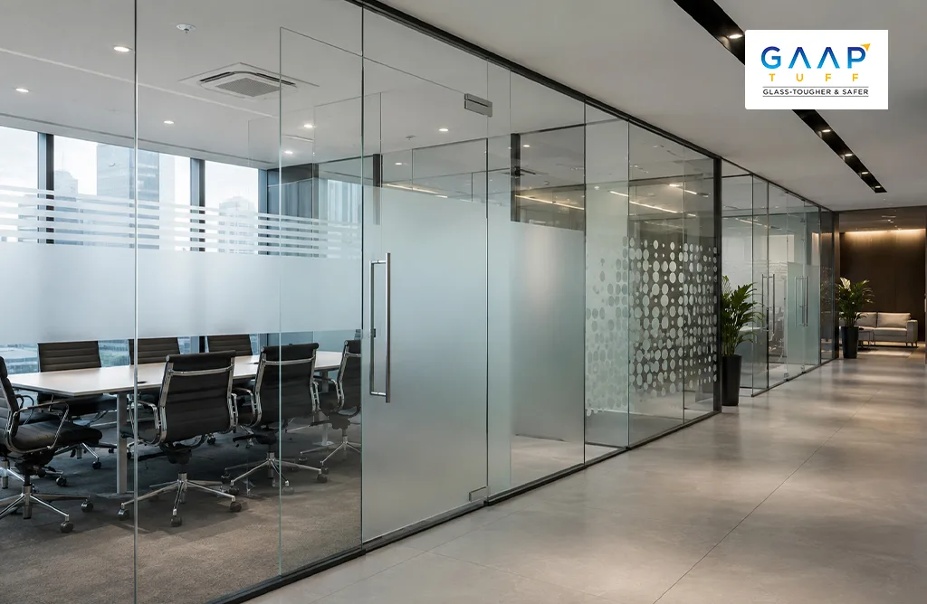 Modern Office Interior with Frosted Glass Partitions and Meeting Room Enclosures Using Premium Processed Glass by Gaap Tuff