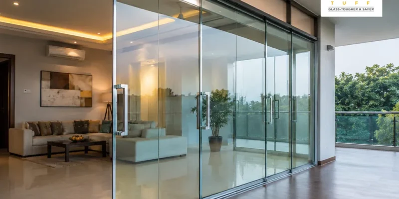 Modern Residential Interior with Large Glass Sliding Doors and Premium Processed Glass Used in Contemporary Construction Design