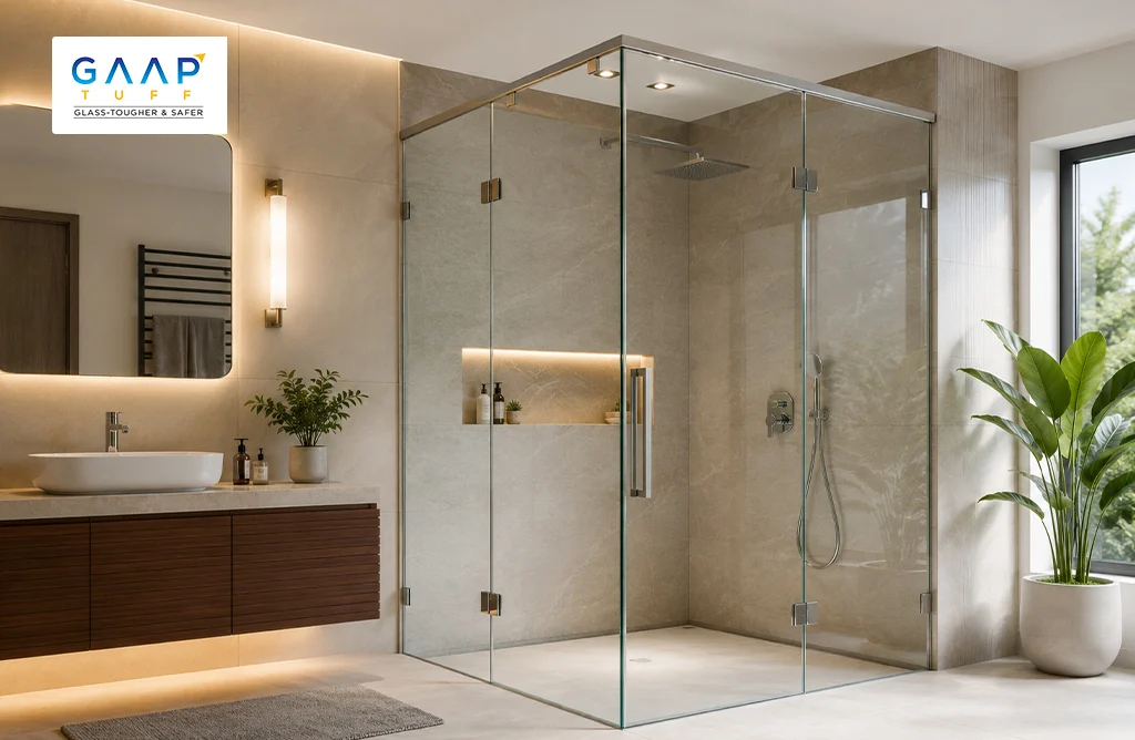 Collage Showcasing Modern High-Performance Residential Glass Applications Including Sliding Doors, Balconies, Stair Railings, and Shower Cubicles in Luxury Homes