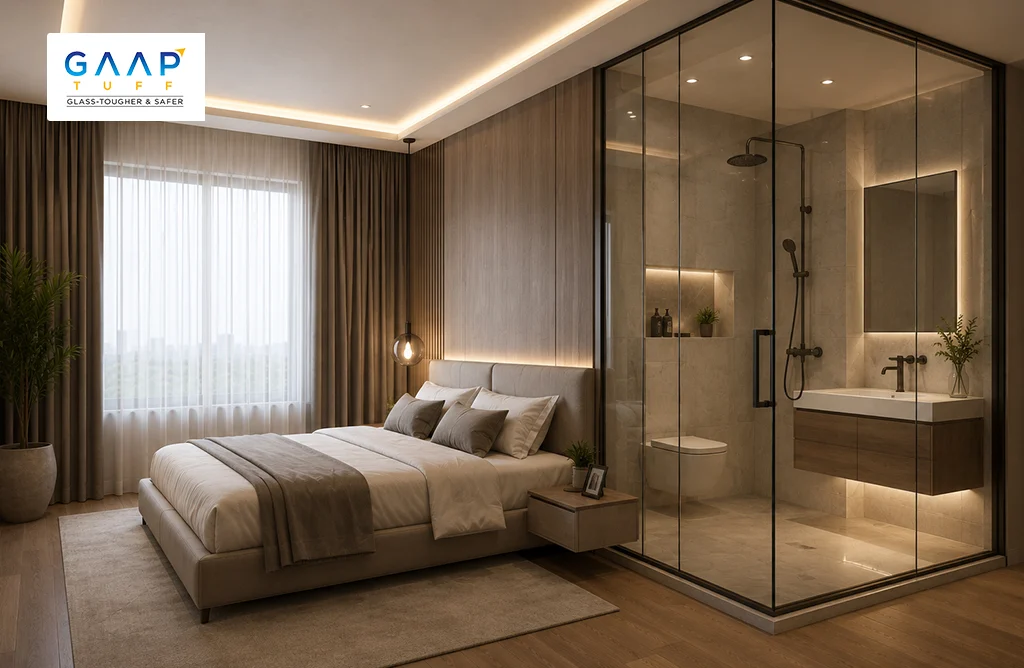 Modern Residential Interior with Large Glass Sliding Doors and Premium Processed Glass Used in Contemporary Construction Design