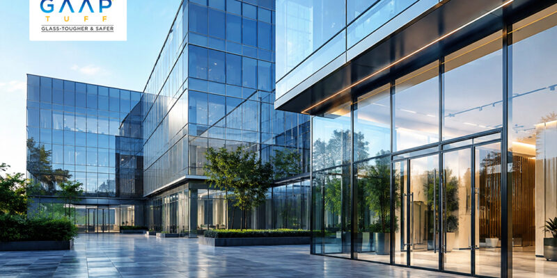 GAAP TUFF high-performance toughened glass installed on a modern commercial building with elegant glass façades and architectural glazing.