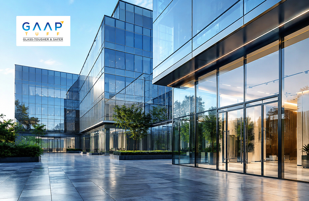 GAAP TUFF high-performance toughened glass installed on a modern commercial building with elegant glass façades and architectural glazing.