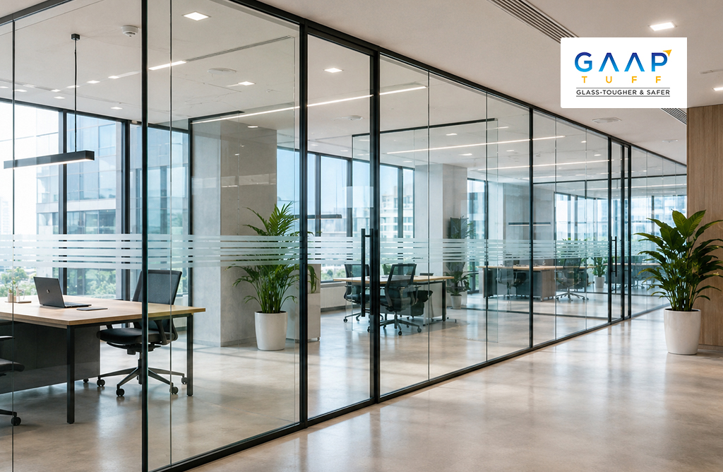 Modern office glass partitions by GaapTuff, a trusted name among Glass Processing Companies in India