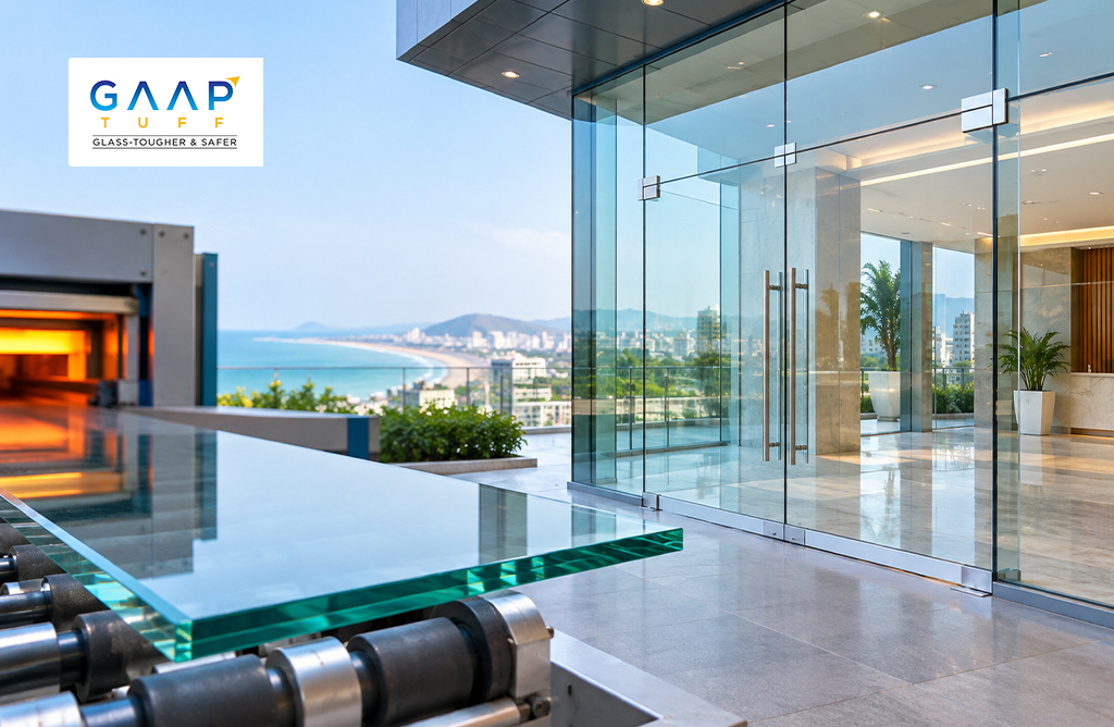 GAAP TUFF glass doors and panels in a modern commercial space overlooking Vizag