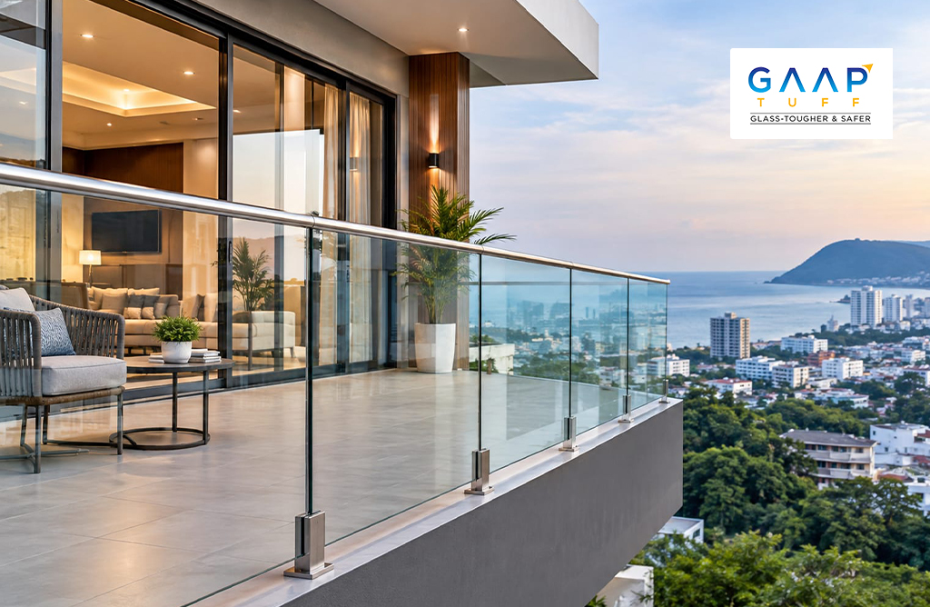 GAAP TUFF glass railing on a modern residential balcony overlooking Vizag