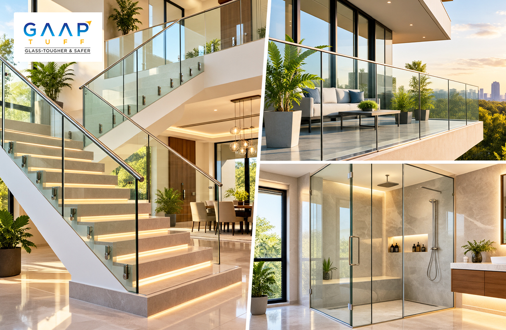 GAAP TUFF glass railing for staircase, shower cubicles and glass railing for residential buildings