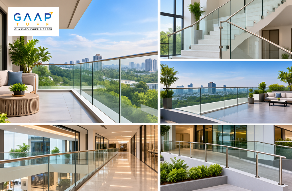 GaapTuff showcases Glass Railing for ResidentialCommercial Buildings through modern balconies, staircases and office walkways featuring sleek, durable glass railing designs.
