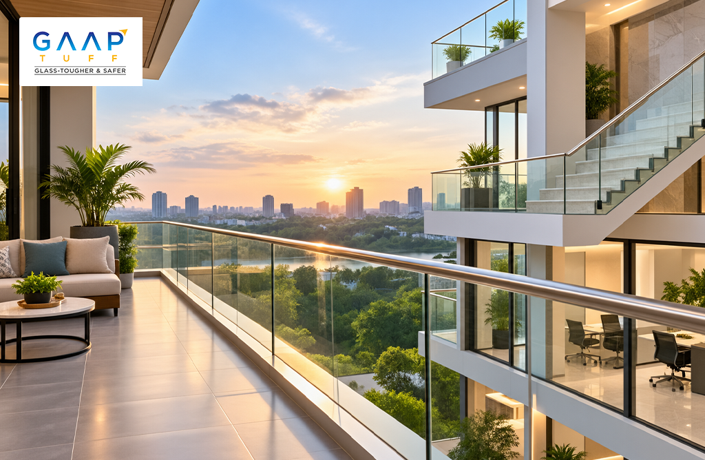 Modern balcony featuring elegant glass railings by GaapTuff, showcasing a contemporary residential design with panoramic city views and a warm sunset backdrop